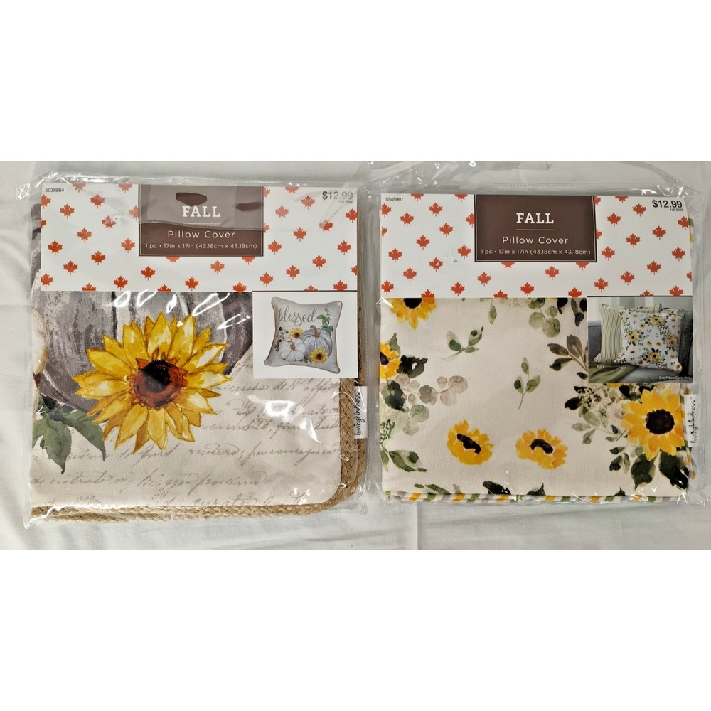 NIP Loving Kindness Fall Pillow Covers 2pc 17x17 Sunflower Pumpkin Theme